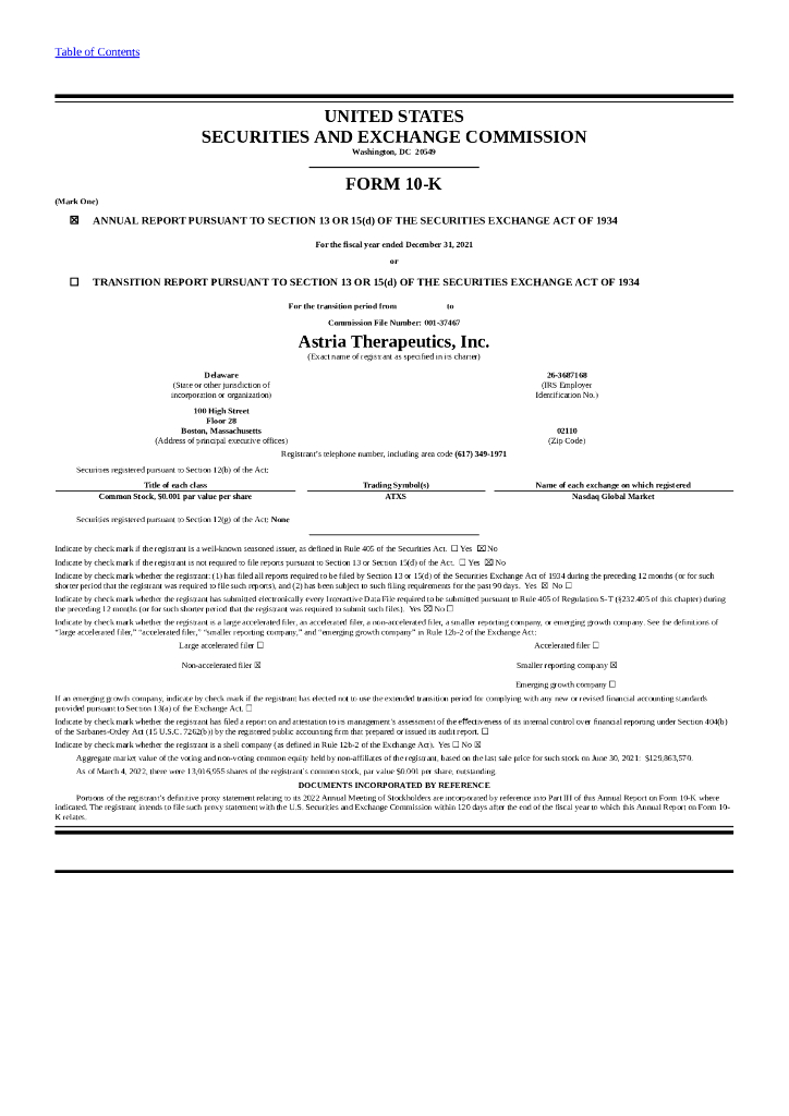 Astria Therapeutics Inc（ATXS）2021财年年度报告（英文版）