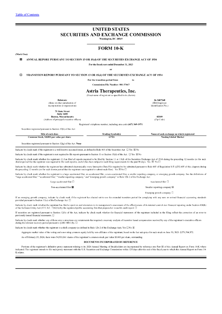 Astria Therapeutics Inc（ATXS）2023财年年度报告（英文版）