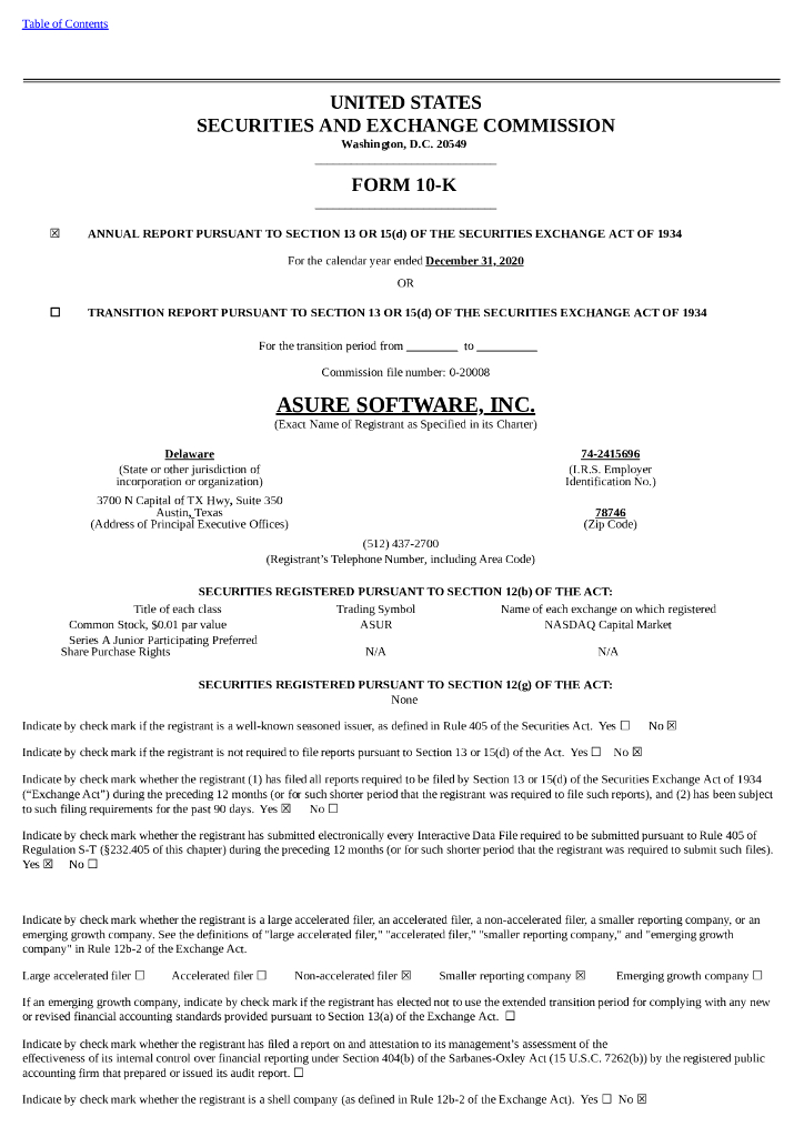 Asure Software（ASUR）2020财年年度报告（英文版）