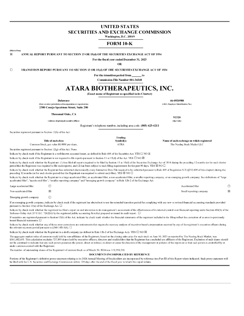 Atara Biotherapeutics Inc（ATRA）2023财年年度报告（英文版）