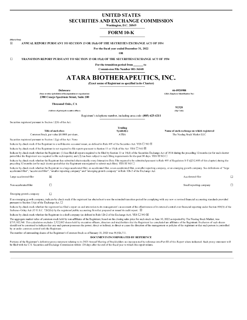 Atara Biotherapeutics Inc（ATRA）2022财年年度报告（英文版）