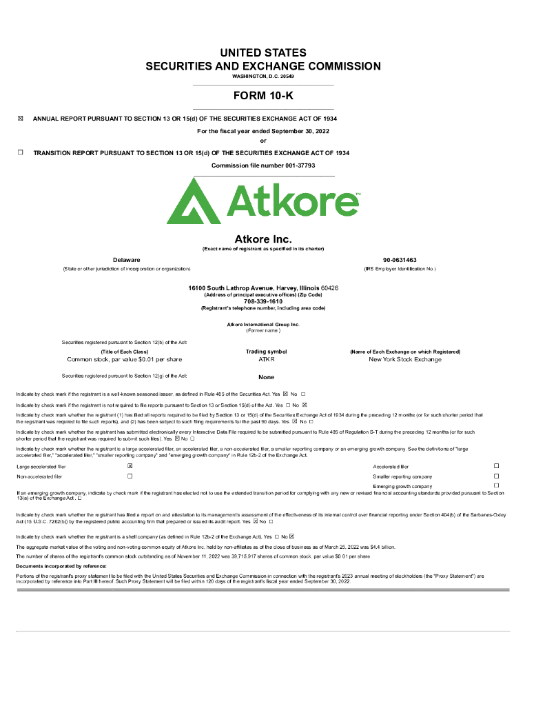 Atkore Inc.（ATKR）2022财年年度报告（英文版）