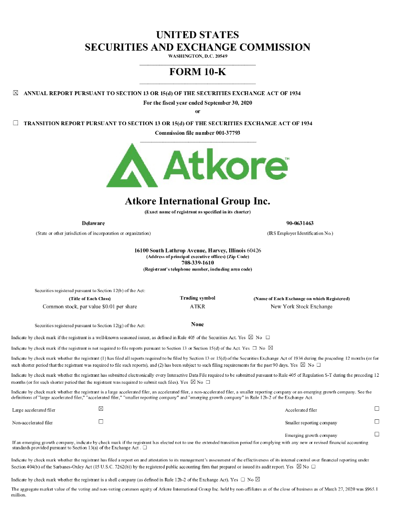 Atkore Inc.（ATKR）2020财年年度报告（英文版）