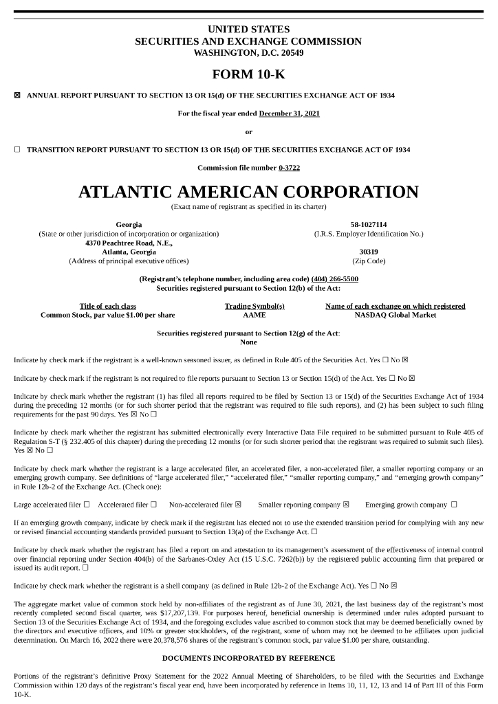 Atlantic American Corp.（AAME）2021财年年度报告（英文版）