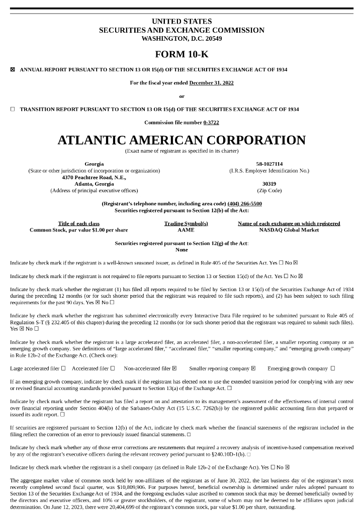Atlantic American Corp.（AAME）2022财年年度报告（英文版）