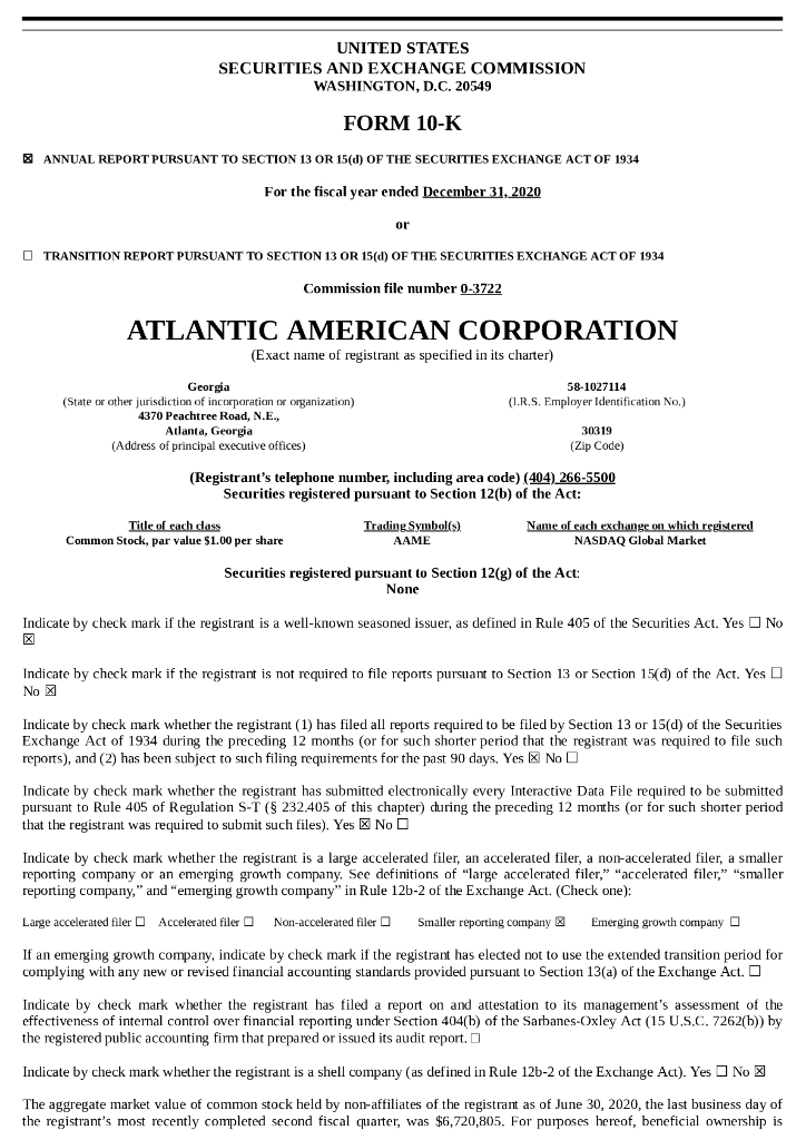 Atlantic American Corp.（AAME）2020财年年度报告（英文版）