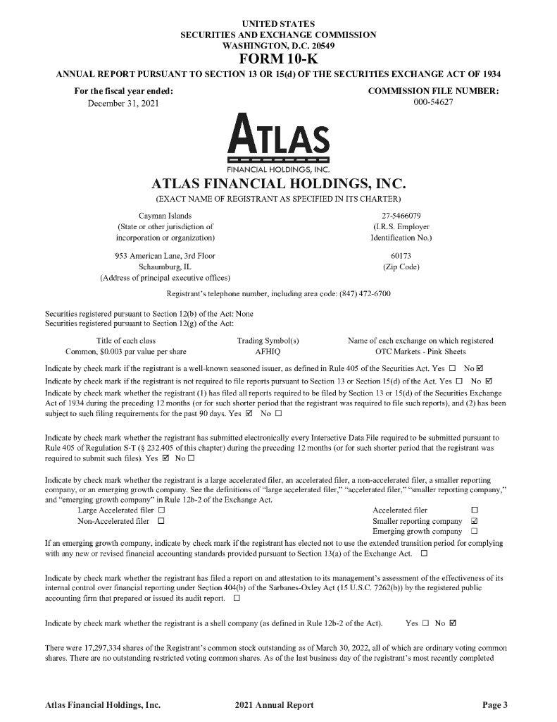 Atlas Financial Holdings Inc（AFH）2021财年年度报告（英文版）