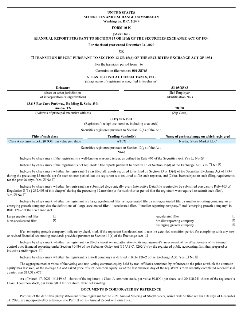 Atlas Technical Consultants, Inc.（ATCX）2020财年年度报告（英文版）