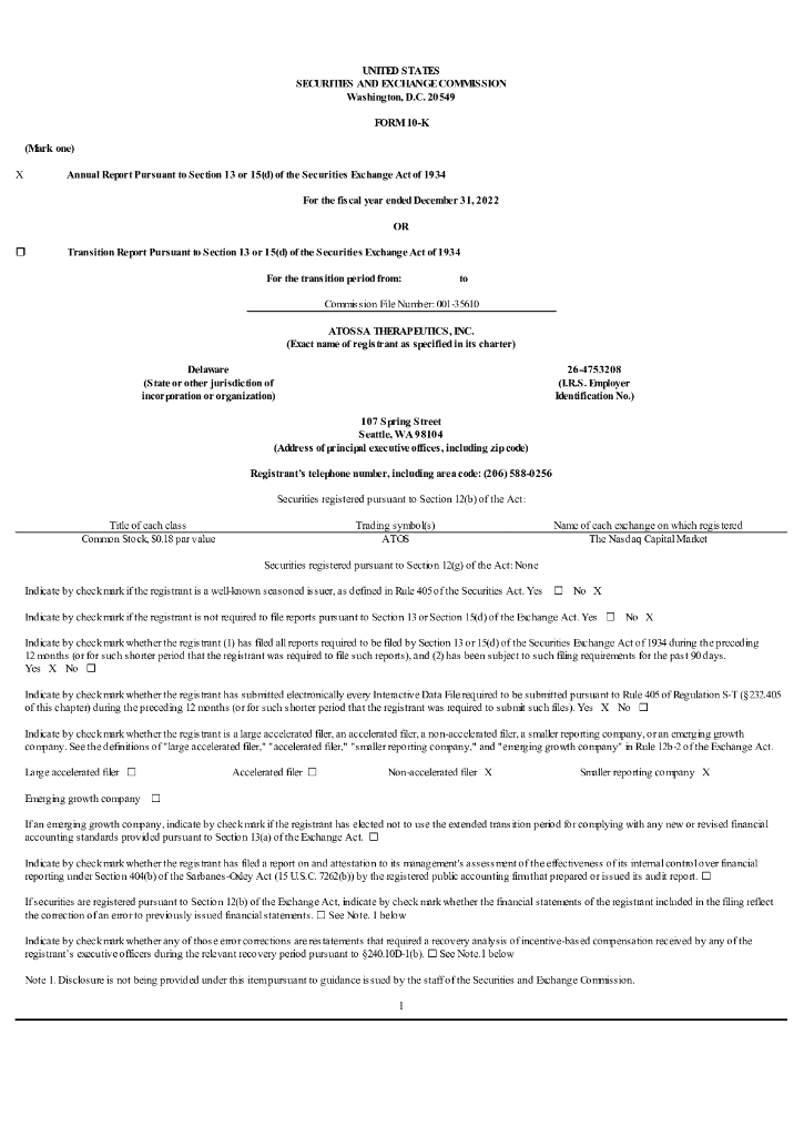 Atossa Therapeutics, Inc.（ATOS）2022财年年度报告（英文版）