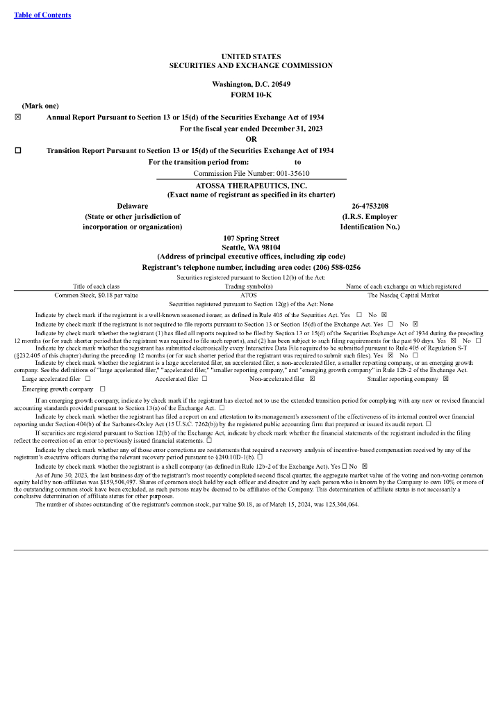Atossa Therapeutics, Inc.（ATOS）2023财年年度报告（英文版）