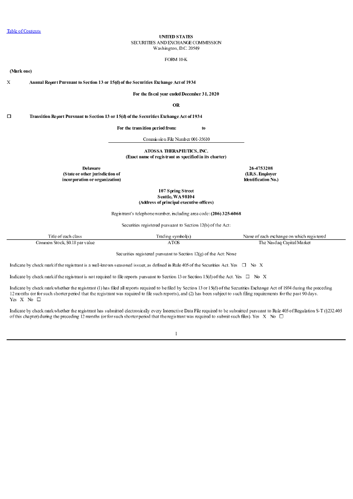Atossa Therapeutics, Inc.（ATOS）2020财年年度报告（英文版）