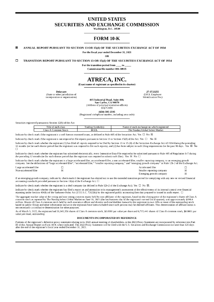 Atreca, Inc.（BCEL）2021财年年度报告（英文版）