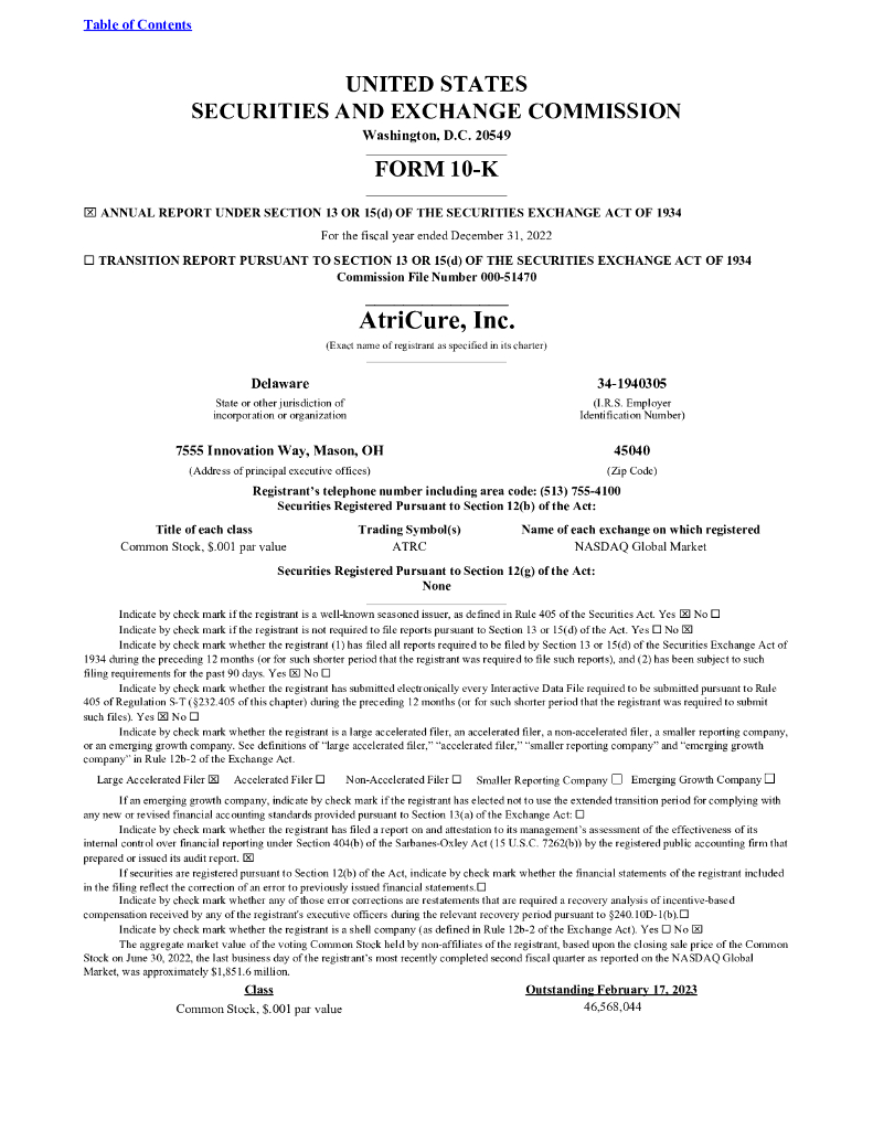AtriCure, Inc.（ATRC）2022财年年度报告（英文版）