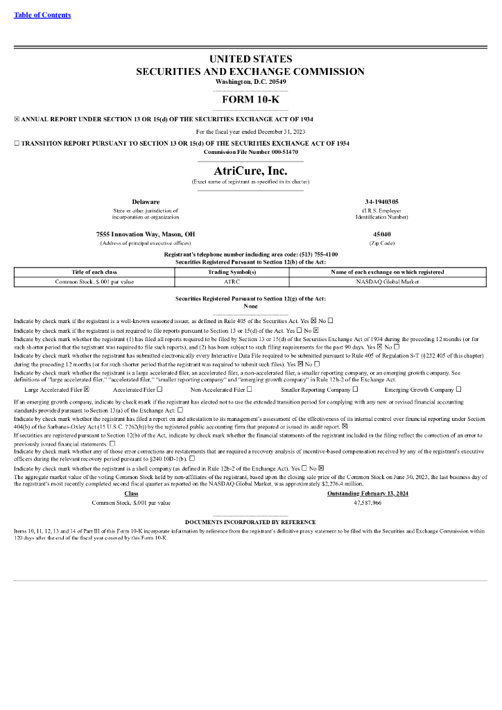 AtriCure, Inc.（ATRC）2023财年年度报告（英文版）