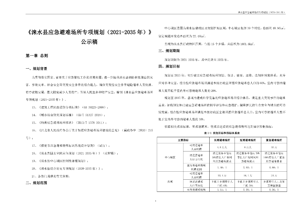 涞水县应急避难场所专项规划（2021-2035年）公示稿