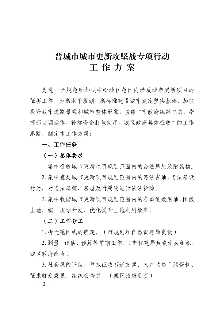 晋城市城市更新攻坚战专项行动工作方案