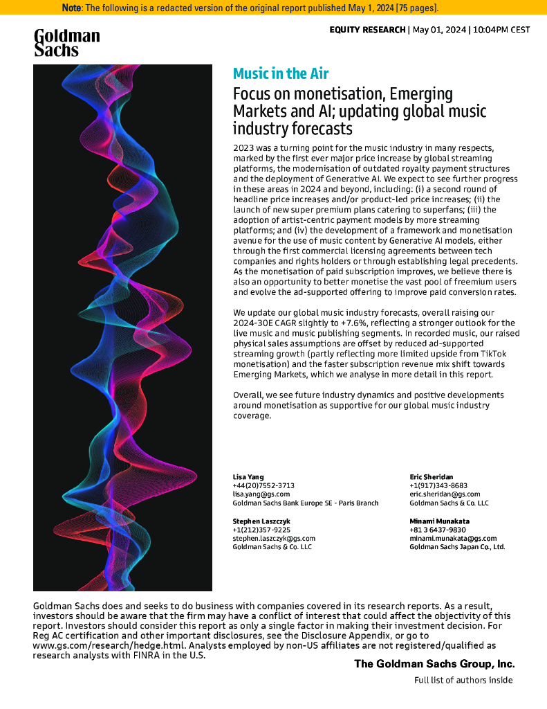 高盛：2024空中音乐报告：关注货币化、新兴市场和人工智能; 更新全球音乐产业预测（英文版）海报