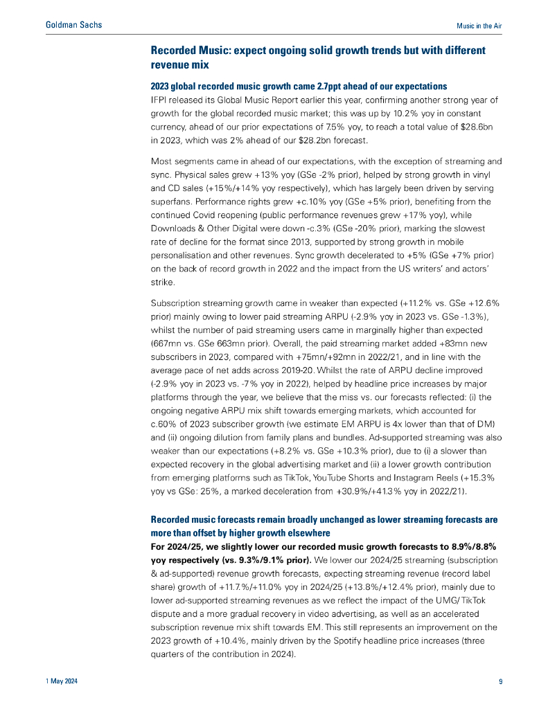 高盛：2024空中音乐报告：关注货币化、新兴市场和人工智能; 更新全球音乐产业预测（英文版）_第10页