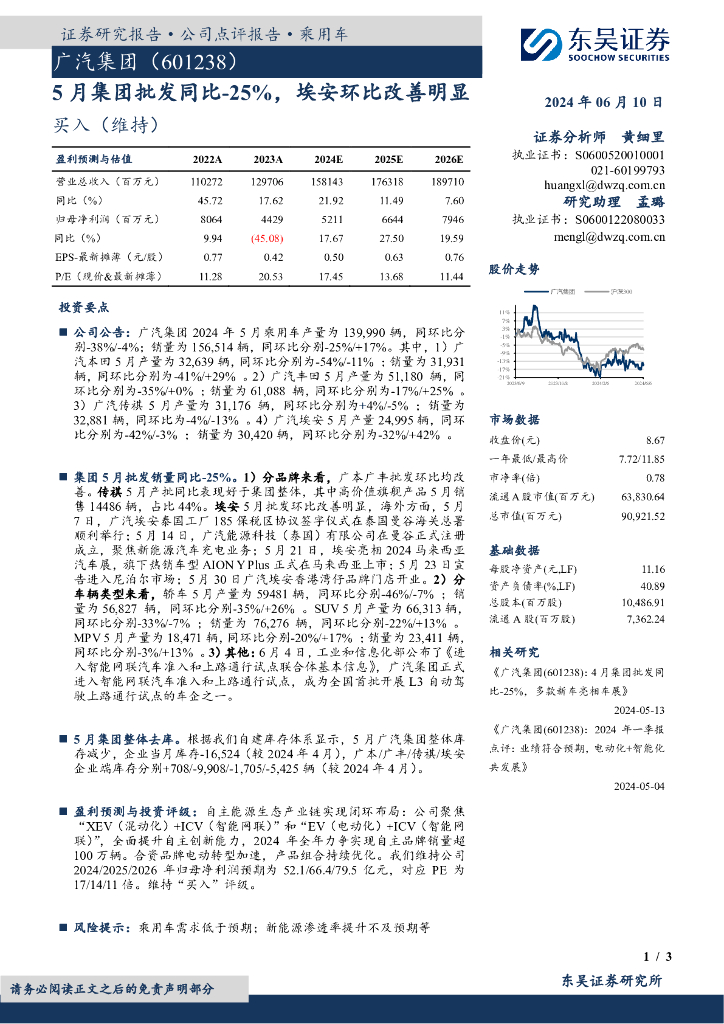 东吴证券：广汽集团（601238）-5月集团批发同比-25%，埃安环比改善明显