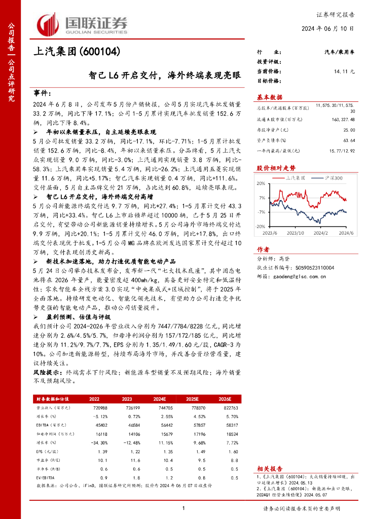 国联证券：上汽集团（600104）-智己L6开启交付，海外终端表现亮眼