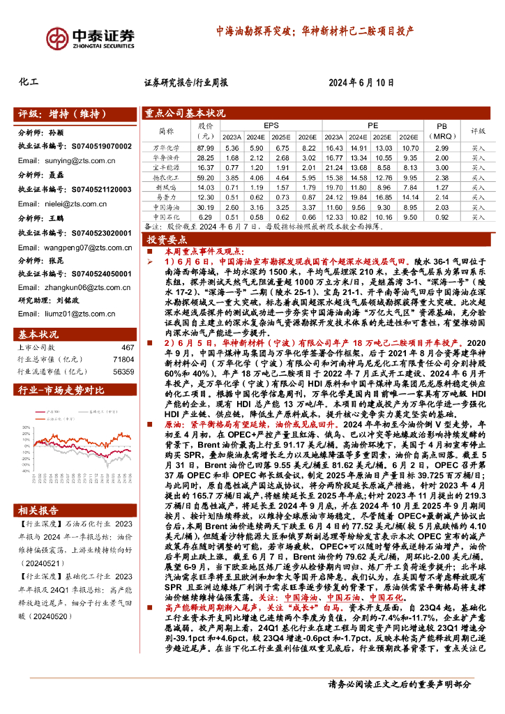 中泰证券：化工行业周报：中海油勘探再突破；华神<em>新</em>材料己二胺项目投产
