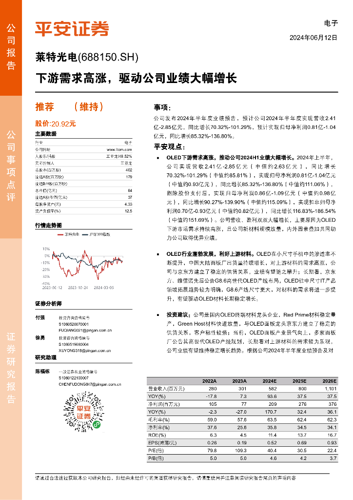 平安证券：莱特光电（688150）-下游需求高涨，驱动公司业绩大幅增长海报