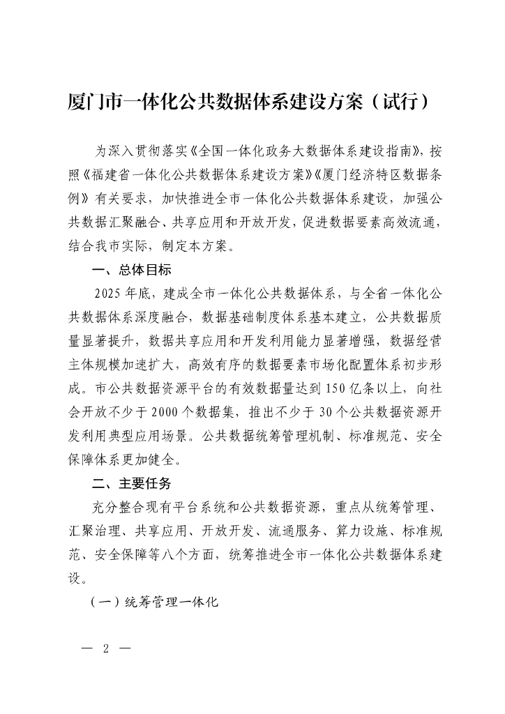 厦门市一体化公共数据体系建设方案（试行）