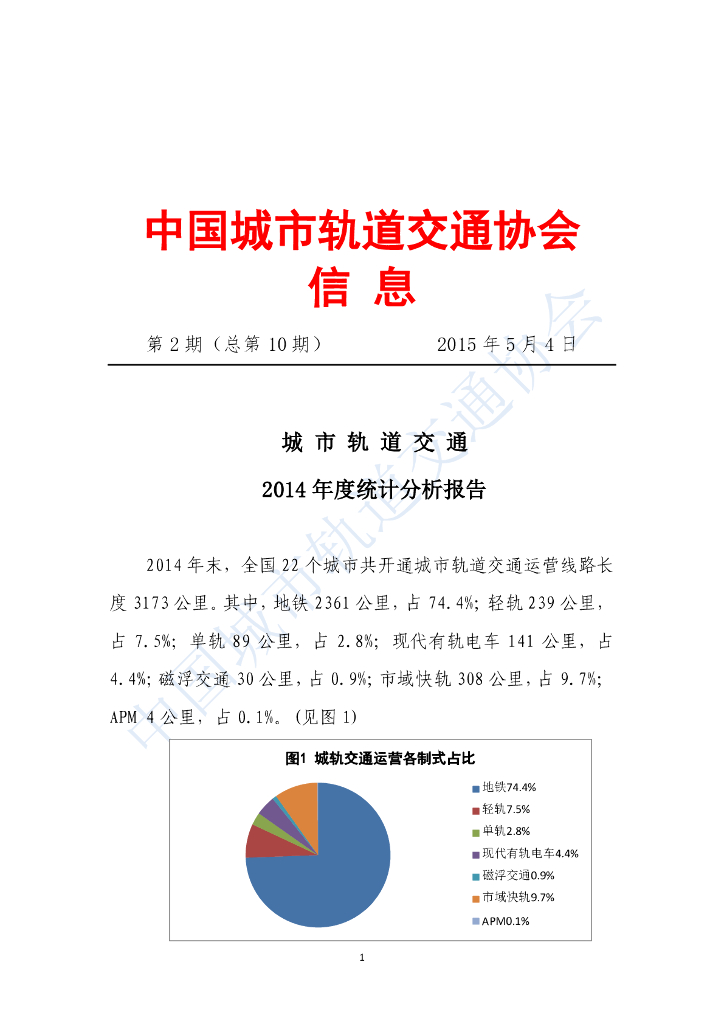 中国城市轨道交通协会：城市轨道交通2014年度统计和分析报告