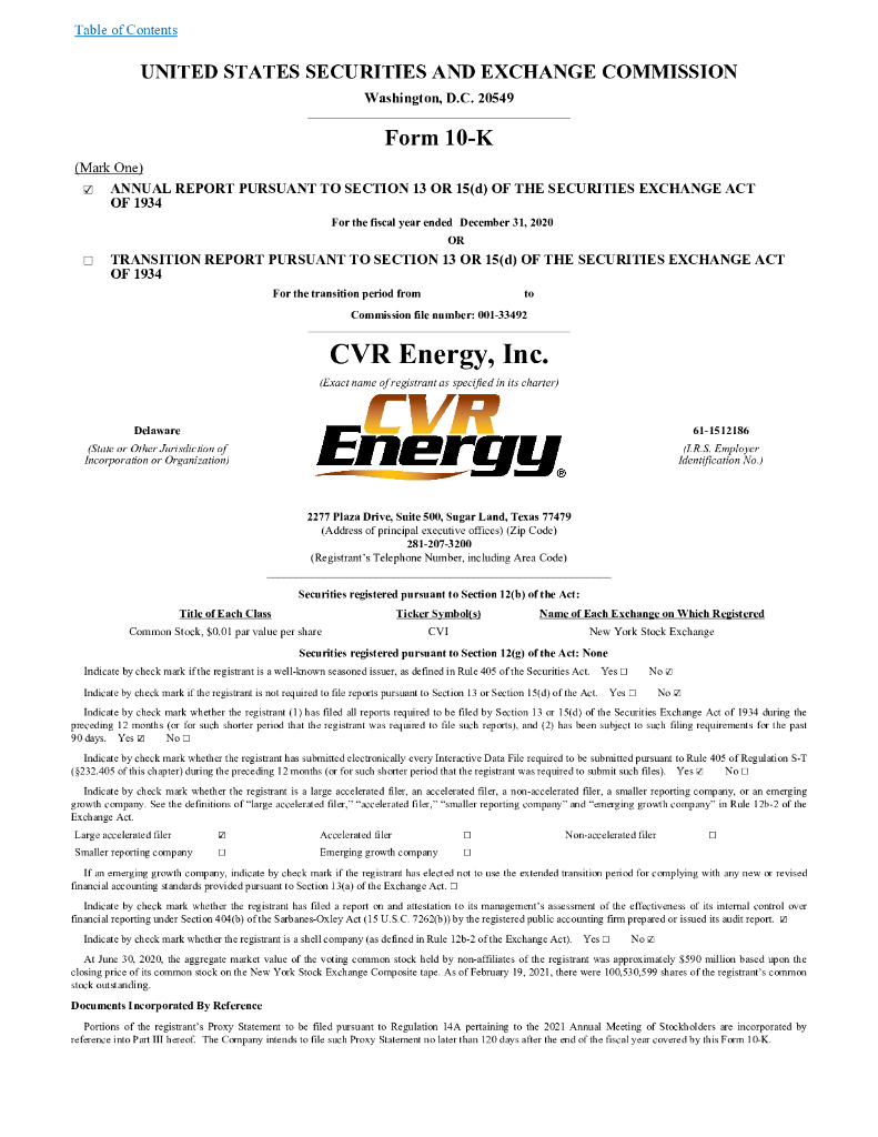 CVR Energy Inc.（CVI）2020财年年度报告（英文版）