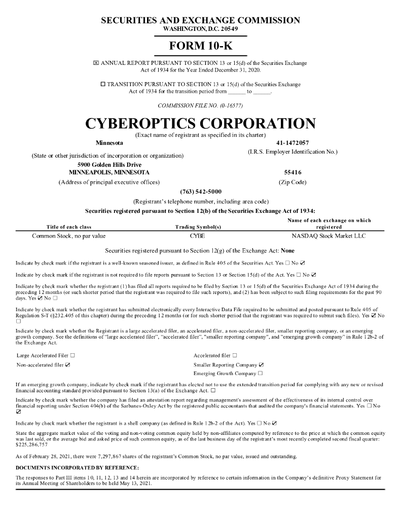 CyberOptics Corp.（CYBE）2020财年年度报告（英文版）