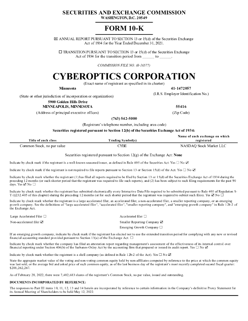 CyberOptics Corp.（CYBE）2021财年年度报告（英文版）