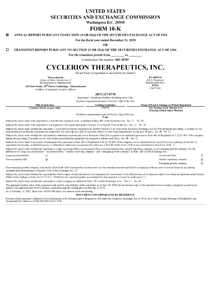 Cyclerion Therapeutics, Inc.（CYCN）2020财年年度报告（英文版）