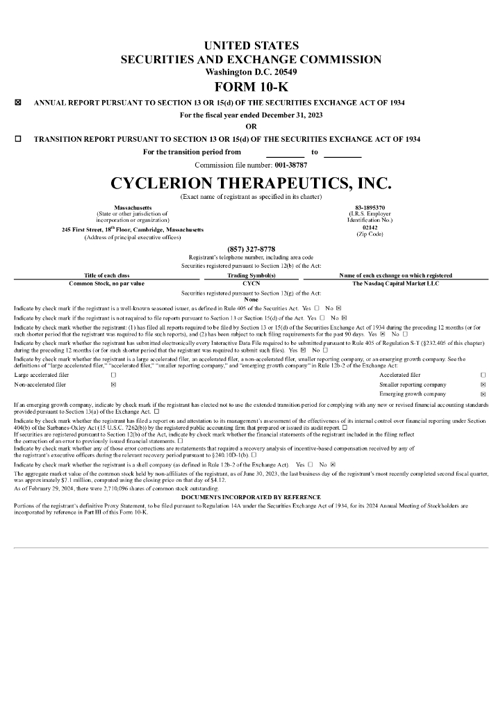 Cyclerion Therapeutics, Inc.（CYCN）2023财年年度报告（英文版）