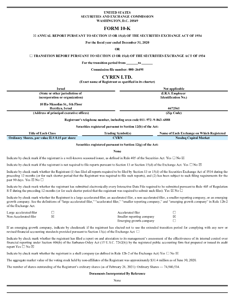 CYREN Ltd.（CYRN）2020财年年度报告（英文版）