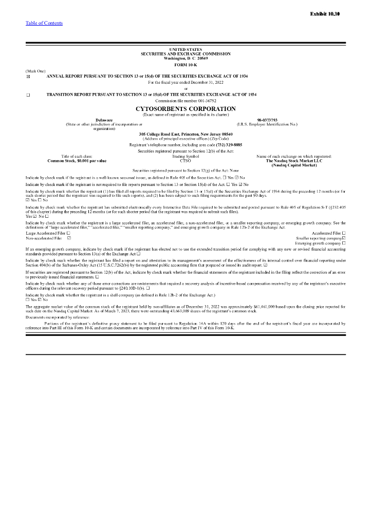 CytoSorbents Corp（CTSO）2022财年年度报告（英文版）
