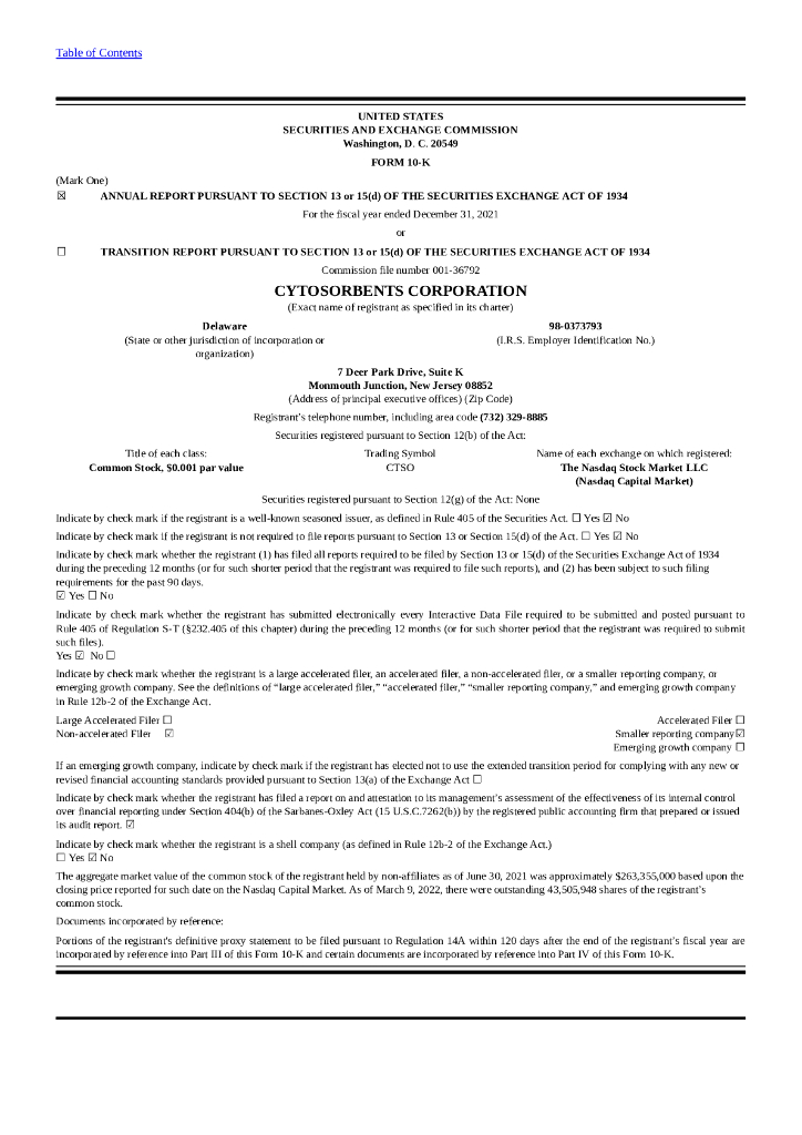 CytoSorbents Corp（CTSO）2021财年年度报告（英文版）
