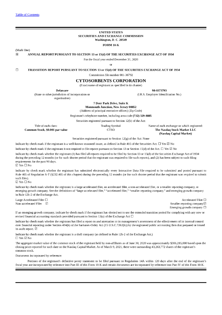 CytoSorbents Corp（CTSO）2020财年年度报告（英文版）
