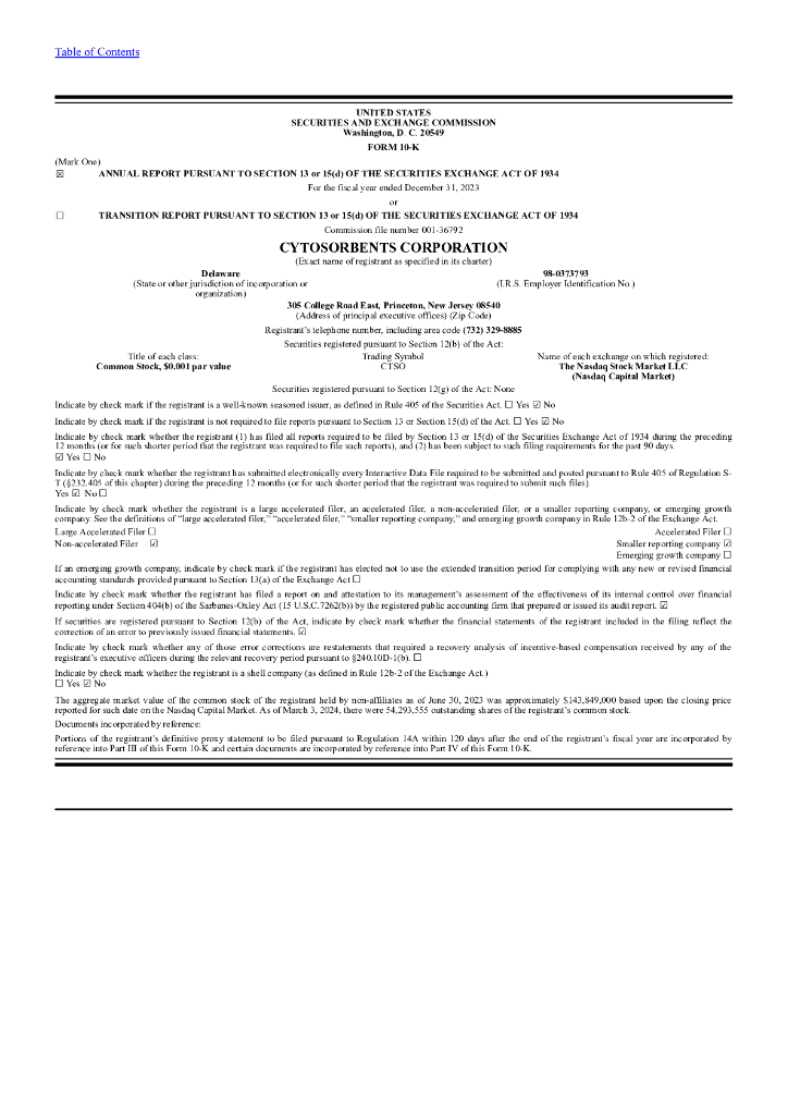 CytoSorbents Corp（CTSO）2023财年年度报告（英文版）