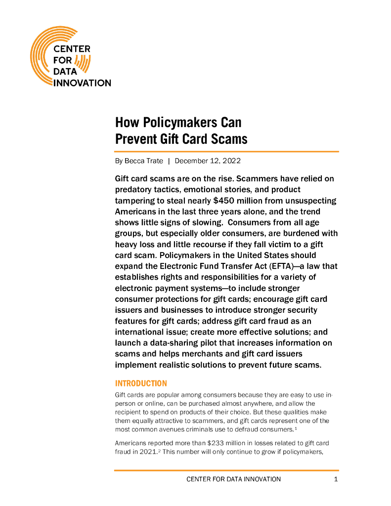 数据创新中心：2022政策制定者如何防止礼品卡诈骗报告（英文版）