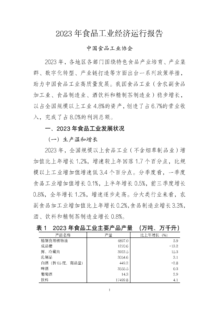 中国食品工业协会：2023年食品工业经济运行报告