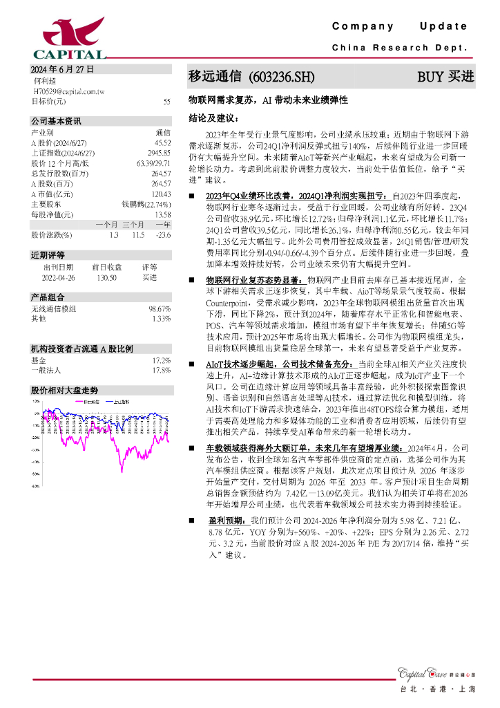 群益证券：移远通信（603236）-物联网需求复苏，AI带动未来业绩弹性