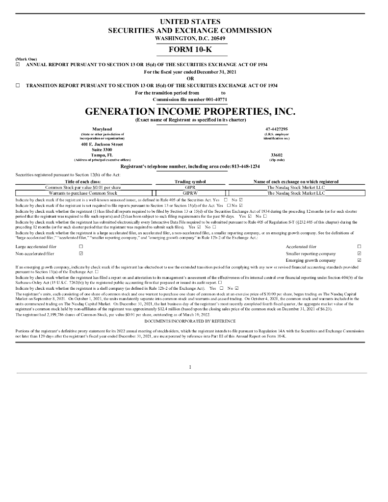 Generation Income Properties,Inc.（GIPR）2021财年年度报告（英文版）