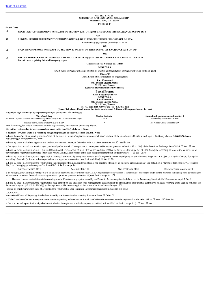 GENFIT S.A.（GNFT）2020财年年度报告（英文版）