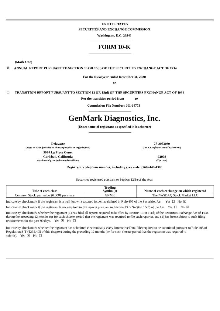 GenMark Diagnostics,Inc.（GNMK）2020财年年度报告（英文版）