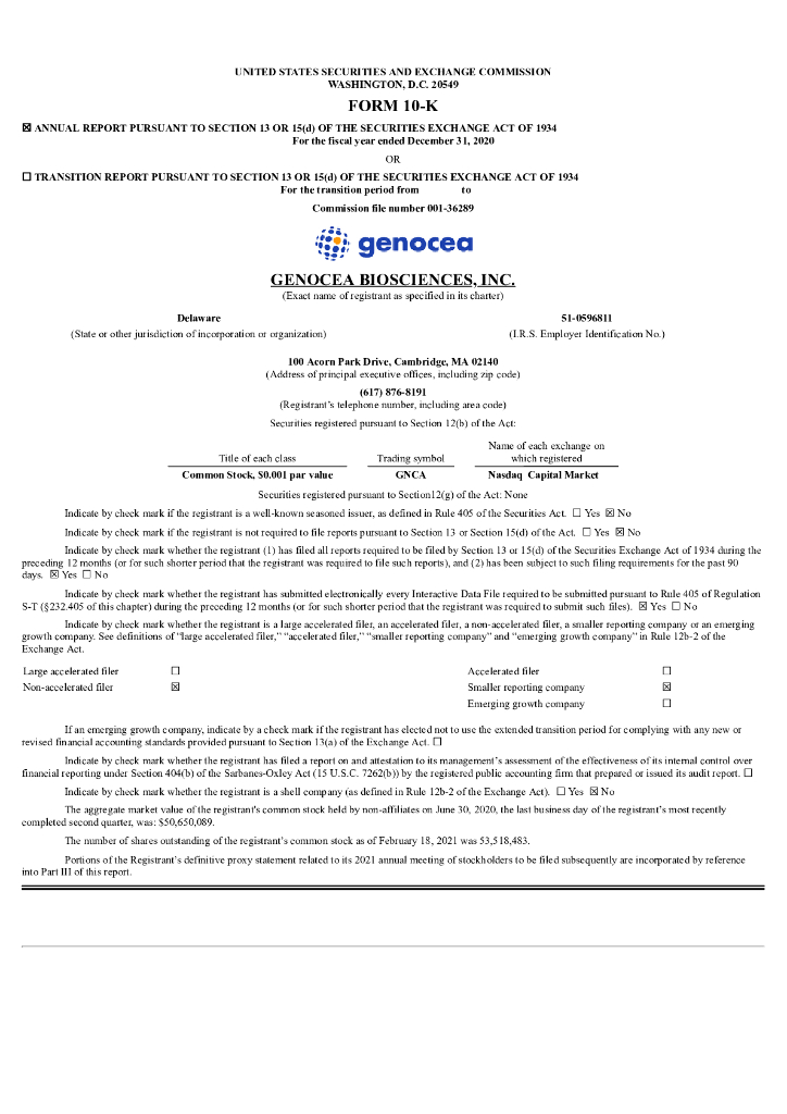 Genocea Biosciences Inc（GNCA）2020财年年度报告（英文版）