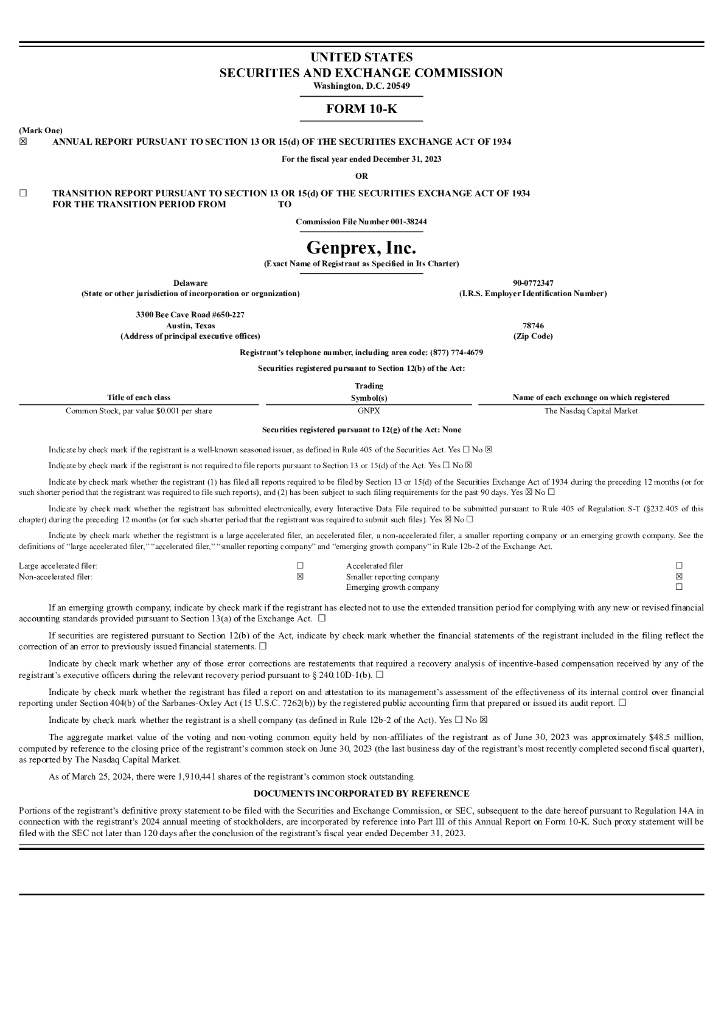 Genprex,Inc.（GNPX）2023财年年度报告（英文版）