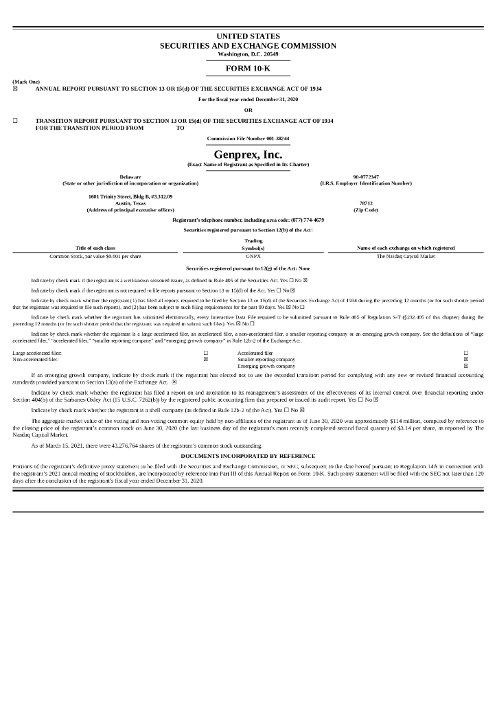 Genprex,Inc.（GNPX）2020财年年度报告（英文版）
