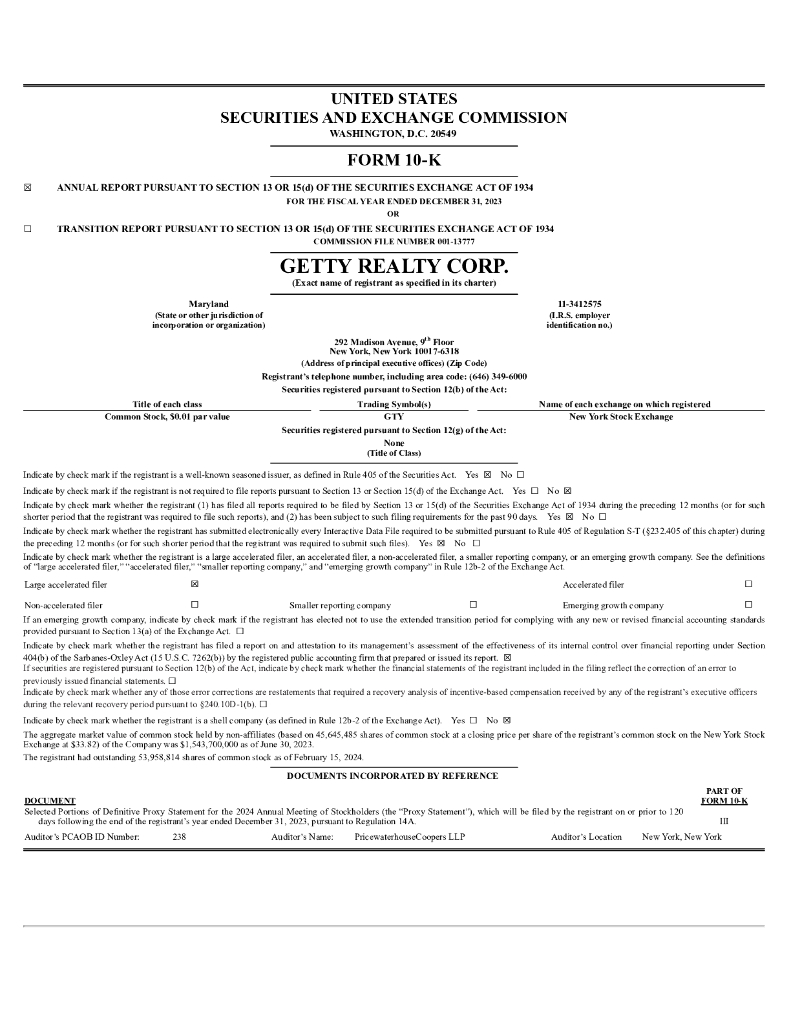 Getty Realty Corp.（GTY）2023财年年度报告（英文版）