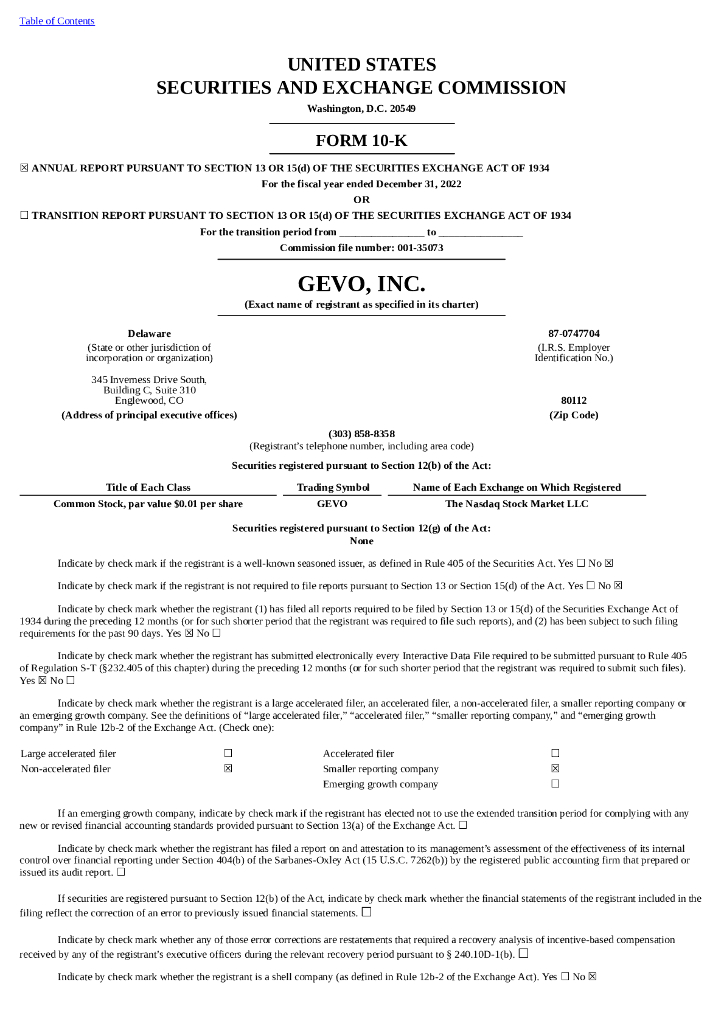 Gevo,Inc.（GEVO）2022财年年度报告（英文版）