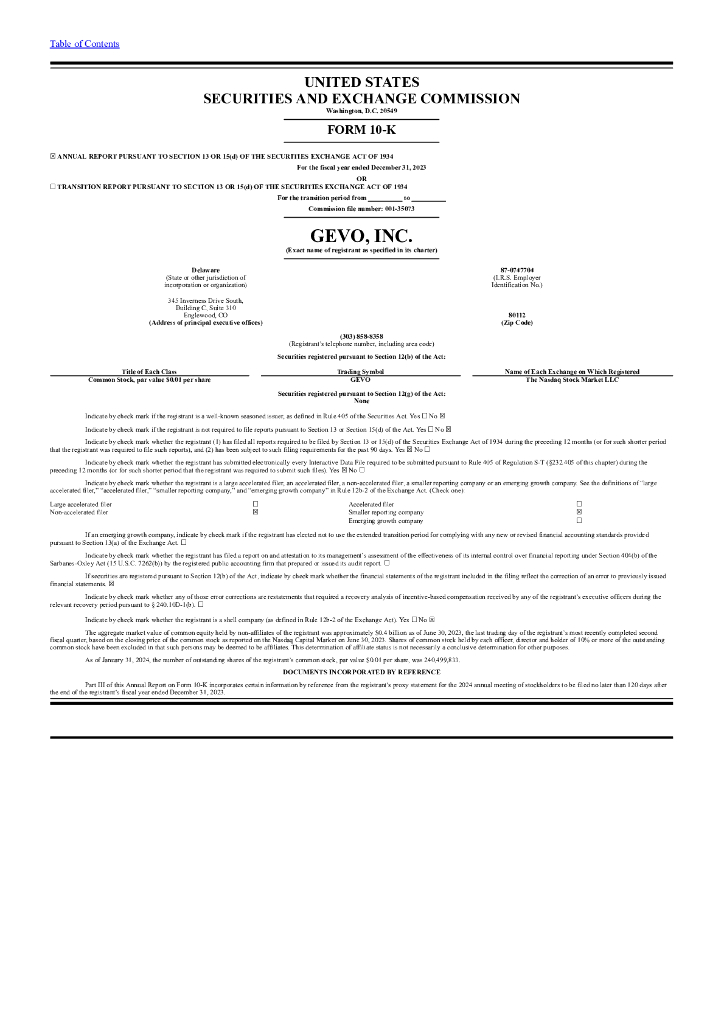 Gevo,Inc.（GEVO）2023财年年度报告（英文版）